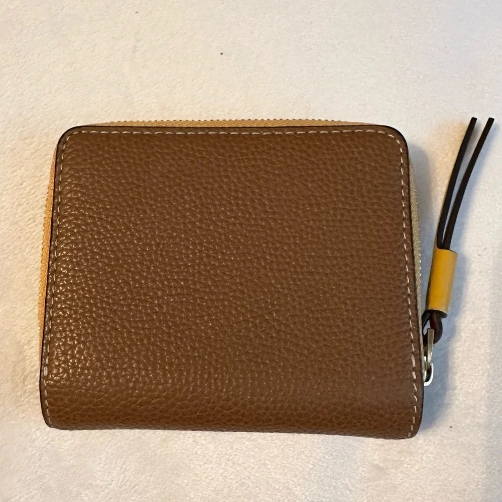 Tory Burch Perry Color Block Bifold Pebbled Leather Wallet pink yellow brown red